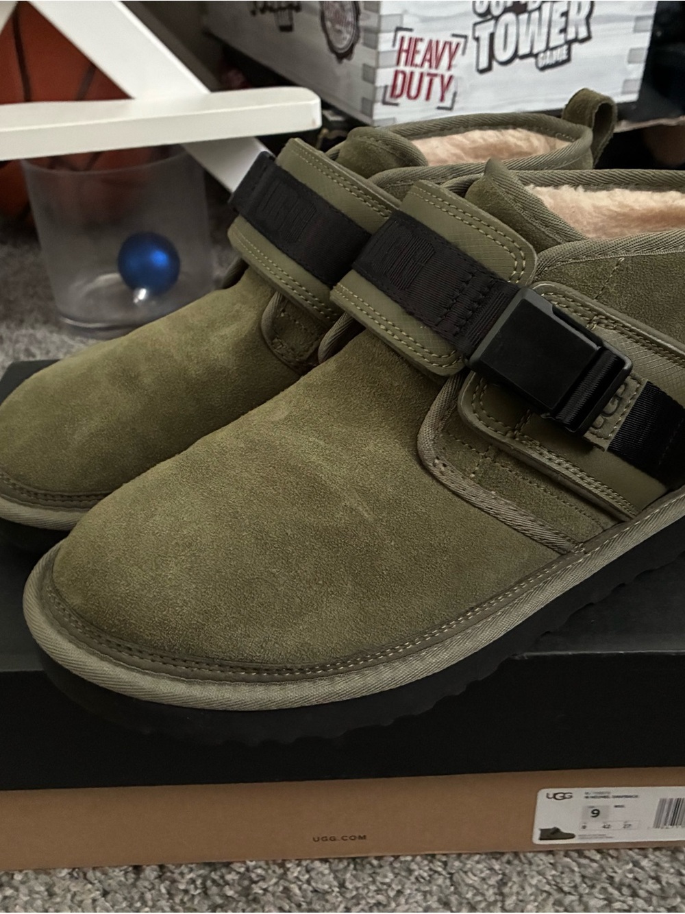 UGG Olive Suede Clog with Black Buckle and Shearling